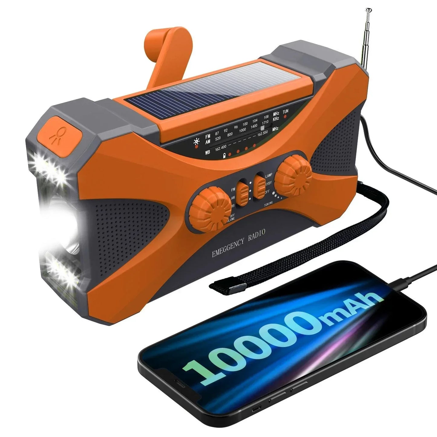Multifunctional 10000mAh Solar Crank Radio AM/FM/NOAA Weather Alert, Dual Stereo Speakers, Phone Charger, LED Torch & SOS Alarm