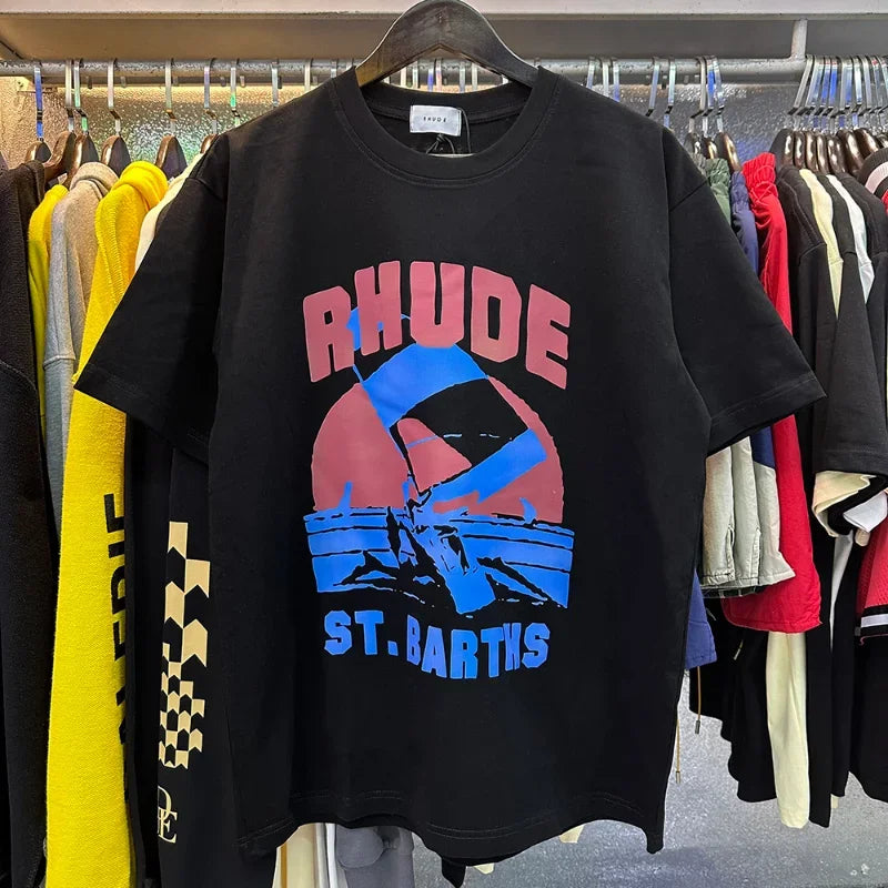 NewRHUDE Yacht Club Black Apricot White Rhude T Shirt Men Women Oversized Short Sleeve RHUDE Windsurf Print Tee Top gym