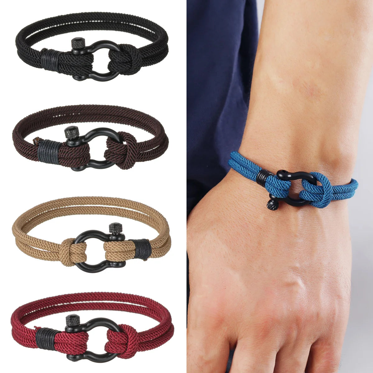 Men Punk Rock Bracelet for Men Women Marine Sailor Rope Nautical Survival Shackle Bracelet Stainless Steel Sport Bracelet