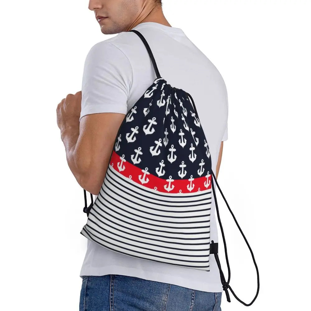 Custom Retro Vintage Nautical Anchor Drawstring Bags Men Women Foldable Gym Sports Sackpack Sailor Training Storage Backpacks