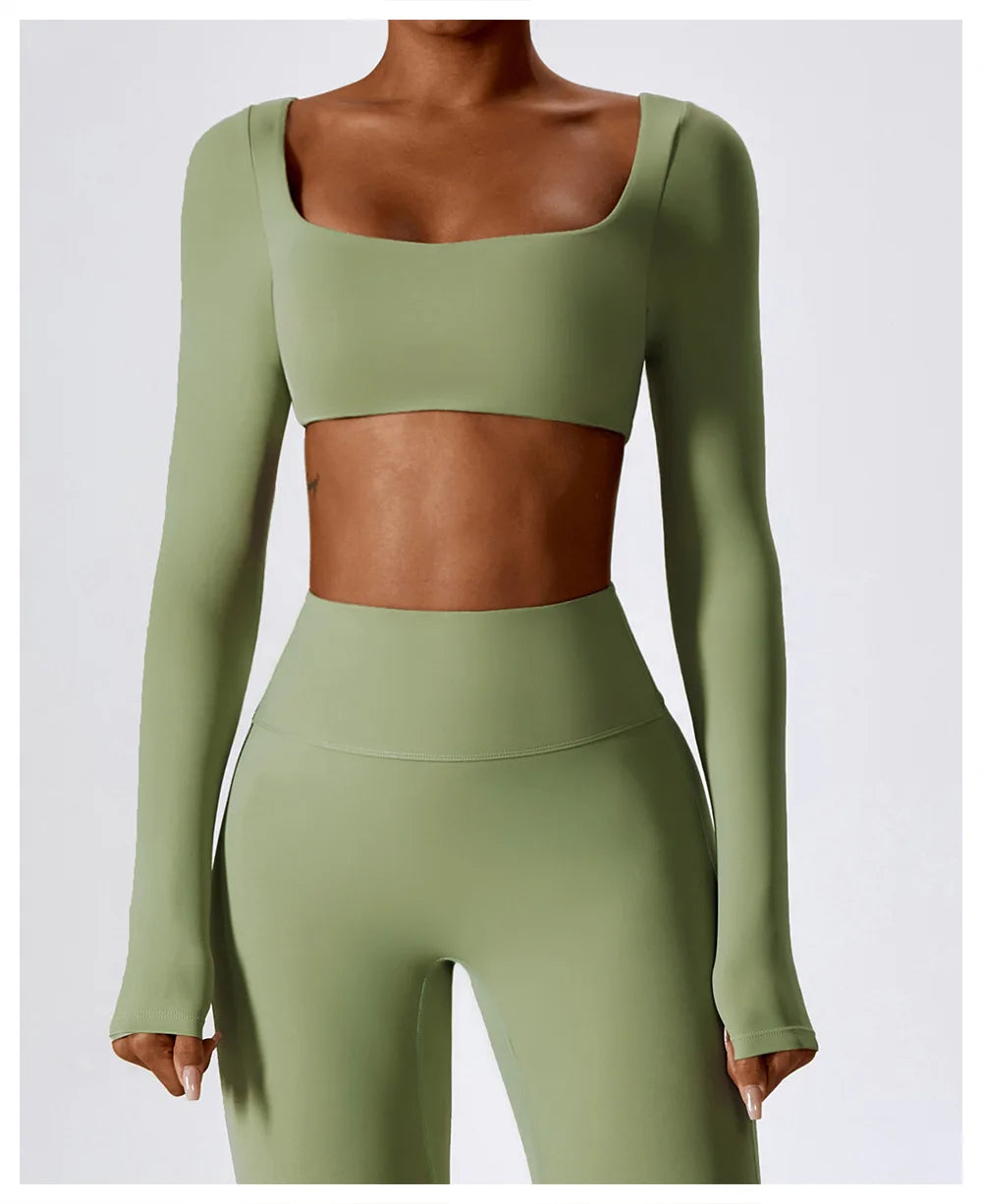 Women Workout Crop T Shirt Top Quick Dry Padded Sports Long Sleeve Gym Crop Tops Fitness Running Push Up Yoga Top