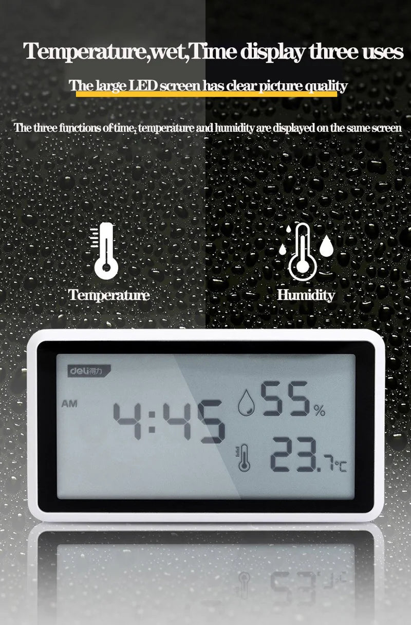 Deli Electronic Thermometer Hygrometer Weather Station Sensor High Precision with Table Clock Function LCD Digital Display