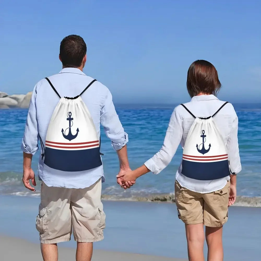 Custom Anchor And Navy Blue Stripes Drawstring Backpack Women Men Gym Sport Sackpack Portable Nautical Sailor Shopping Bag Sack