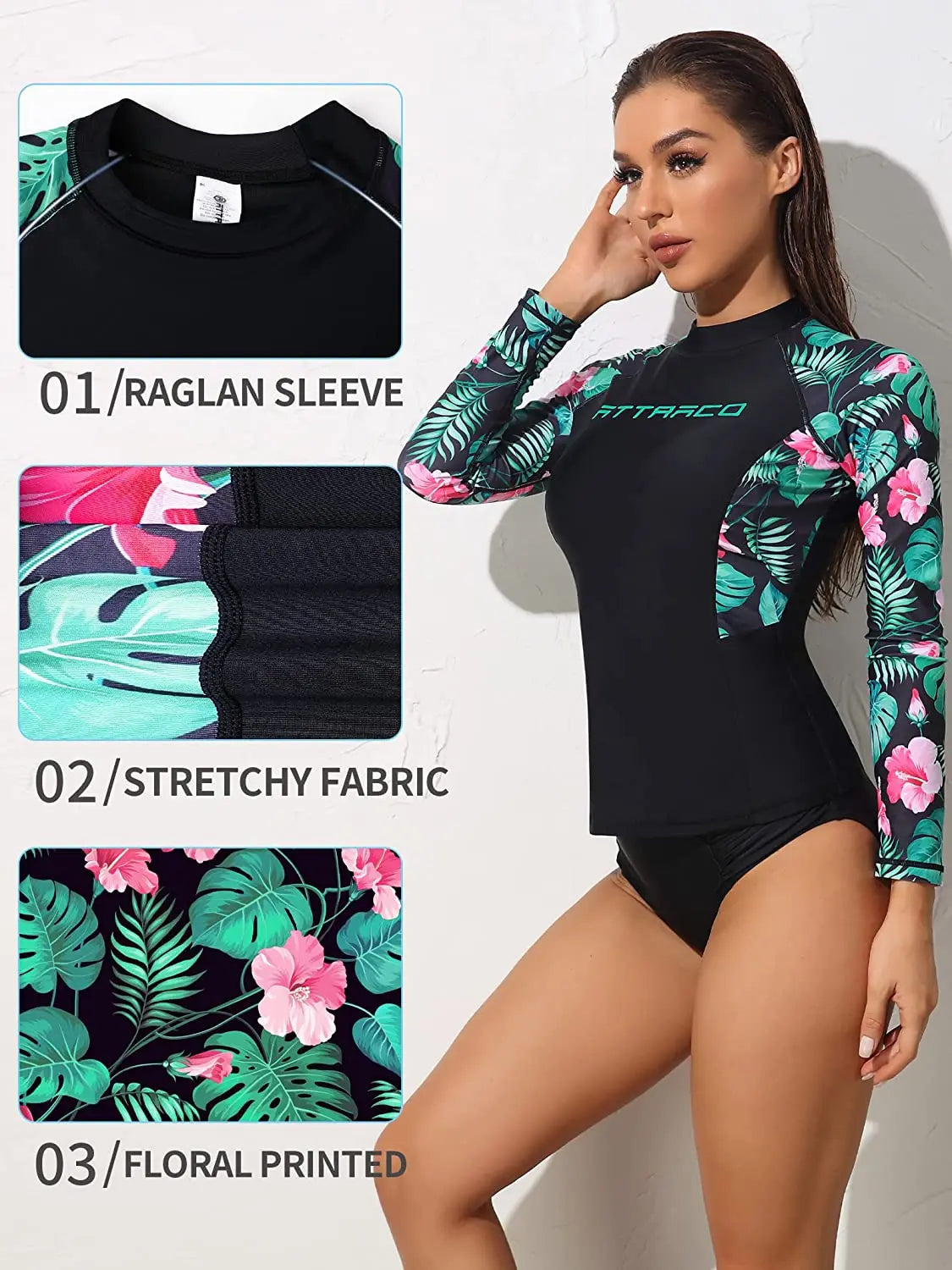 Anfilia Women Long Sleeve Rash Guard Shirts Swimwear Rash Guard Top Surf Top Floral Printing Close-fitting Shirt UPF 50+
