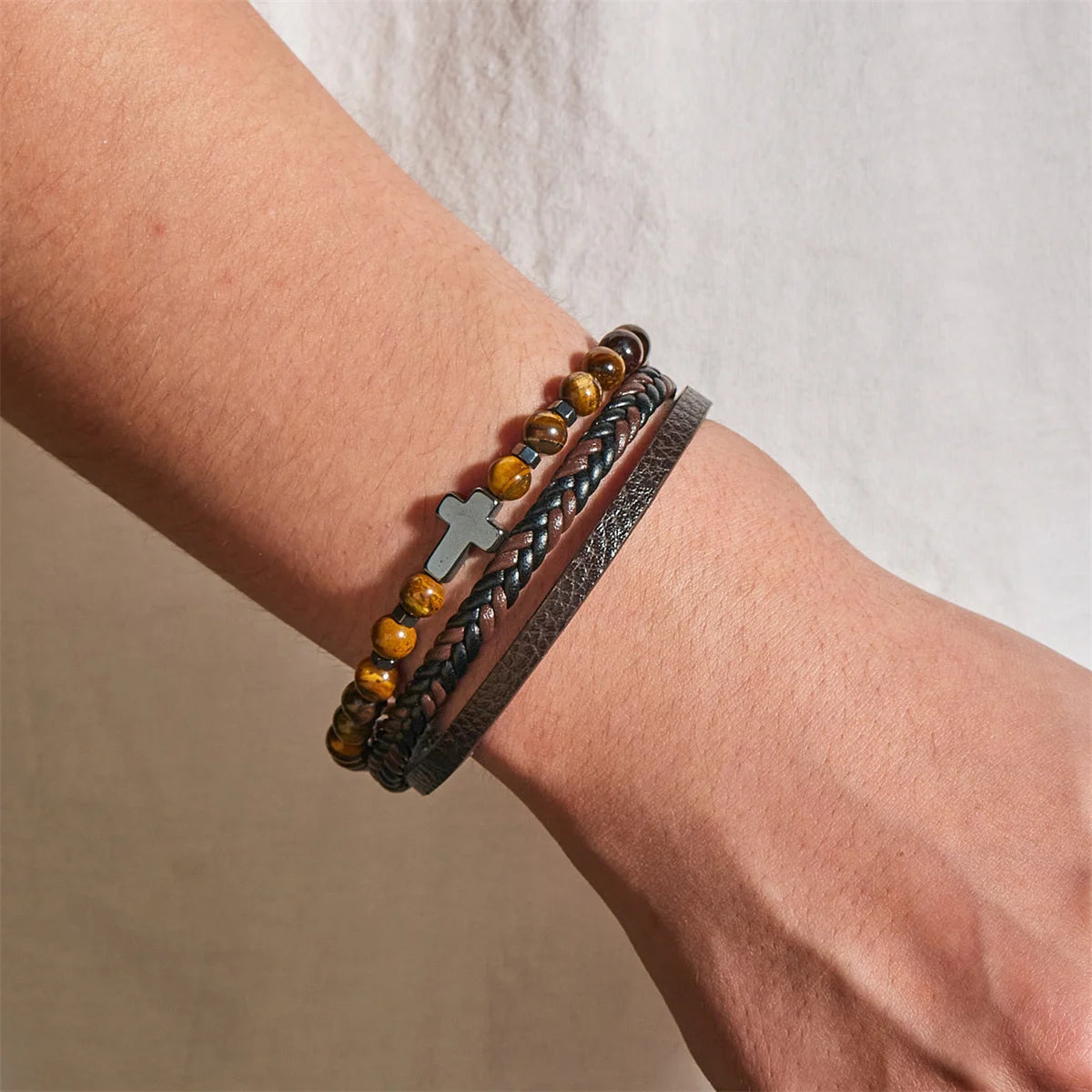 Classic Natural Stone Leather Bracelets For Men Women Multilayer Hand-Woven Cross Leather Bracelet Fashion Party Jewelry Gifts