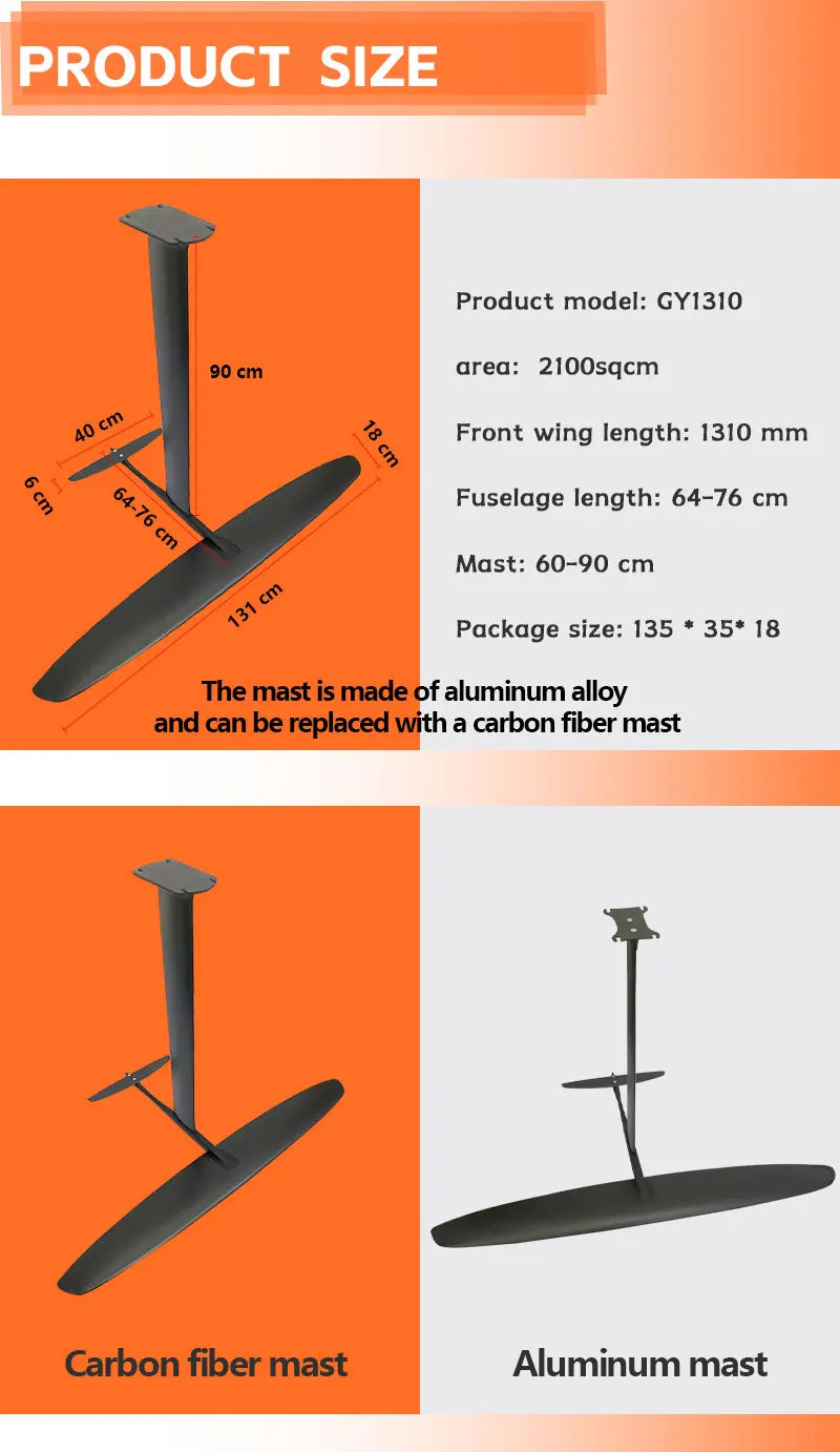 Hot selling GY-1310 2100sqcm aluminum 75cm mast 644 fuselage 400 rear wing is perfect for novice players hydrofoil surfing