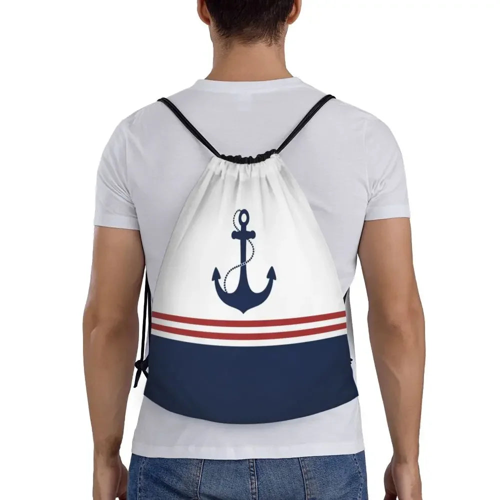 Custom Anchor And Navy Blue Stripes Drawstring Backpack Women Men Gym Sport Sackpack Portable Nautical Sailor Shopping Bag Sack