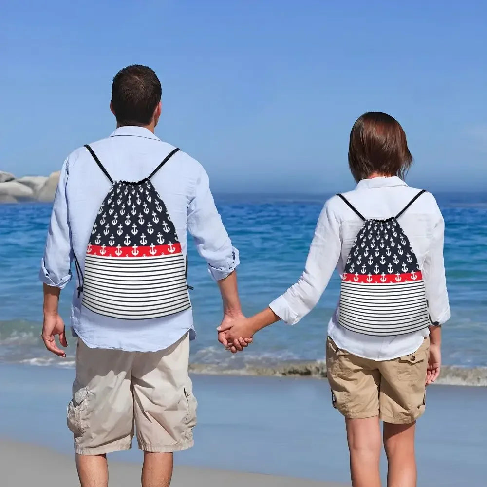 Custom Anchor And Navy Blue Stripes Drawstring Backpack Women Men Gym Sport Sackpack Portable Nautical Sailor Shopping Bag Sack