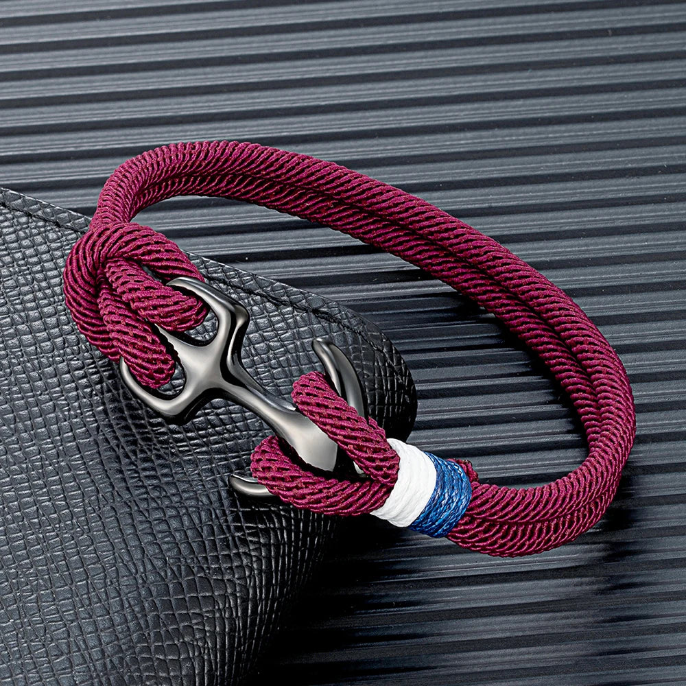 MKENDN Black Anchor Bracelets Men Women Double Strand Nautical Rope Bracelet Stainless Steel Sport Buckle Maritime Jewelry