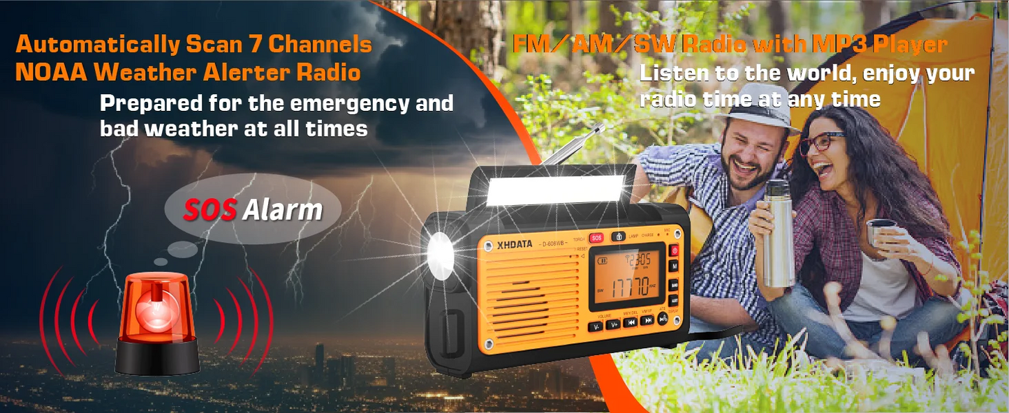 XHDATA D-608WB Emergency Crank Weather Radio FM/AM/SW/NOAA Alert Portable Radio with Phone Charger, Bluetooth, Battery Operated