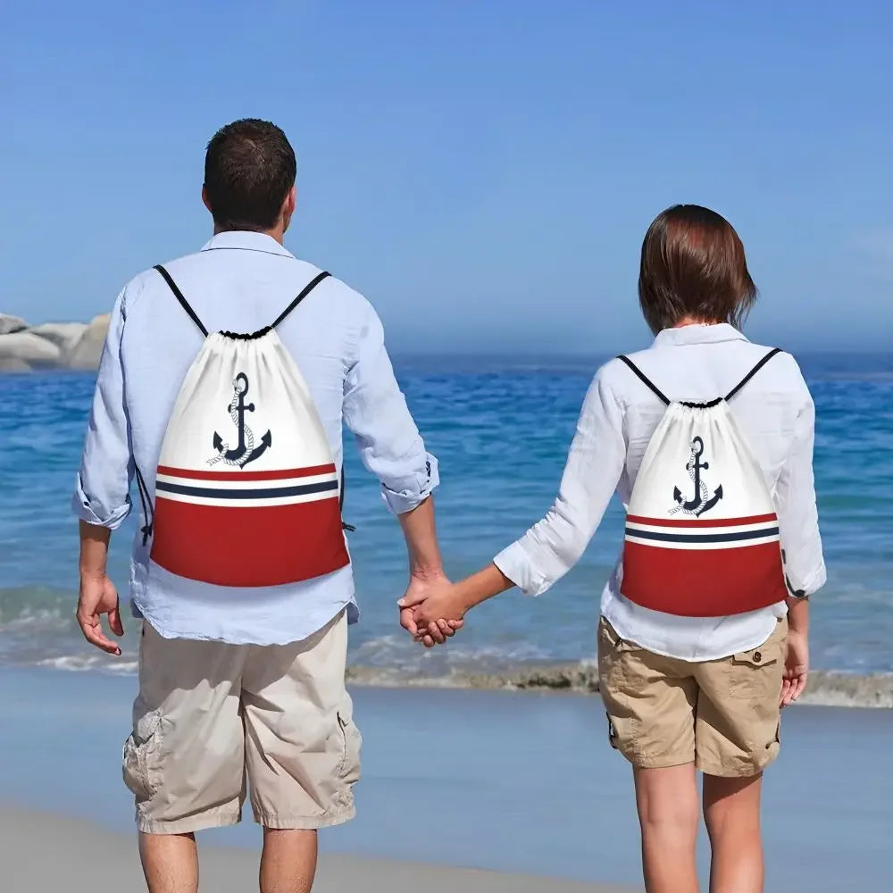 Custom Anchor And Navy Blue Stripes Drawstring Backpack Women Men Gym Sport Sackpack Portable Nautical Sailor Shopping Bag Sack