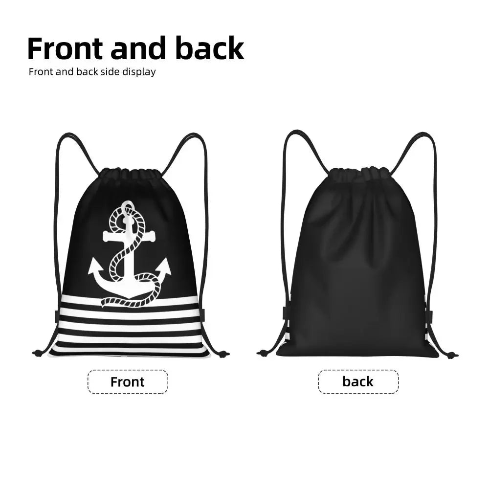 Custom Anchor And Navy Blue Stripes Drawstring Backpack Women Men Gym Sport Sackpack Portable Nautical Sailor Shopping Bag Sack