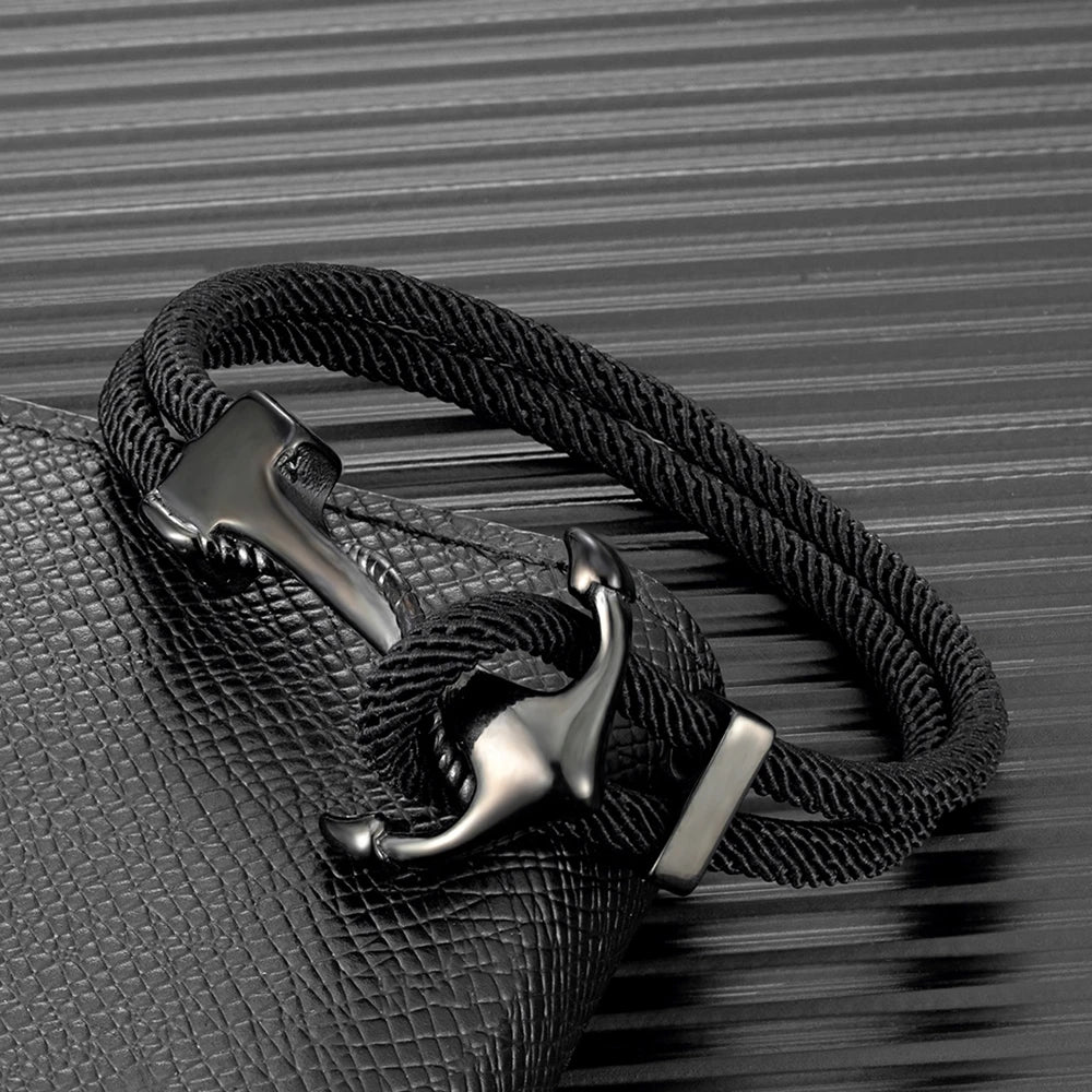 MKENDN Anchor Bracelets Men Double Strand Nautical Survival Rope Paracord Bracelet Women Black Stainless Steel Navy Sport Buckle