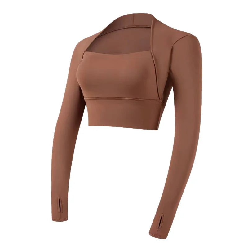 Aiithuug Padded Yoga Shirts Long Sleeve Yoga Crop Tops Low Cut Shirts Gym Shirt Workout Gym Top Insert Pads Slim Fit Sports Sexy