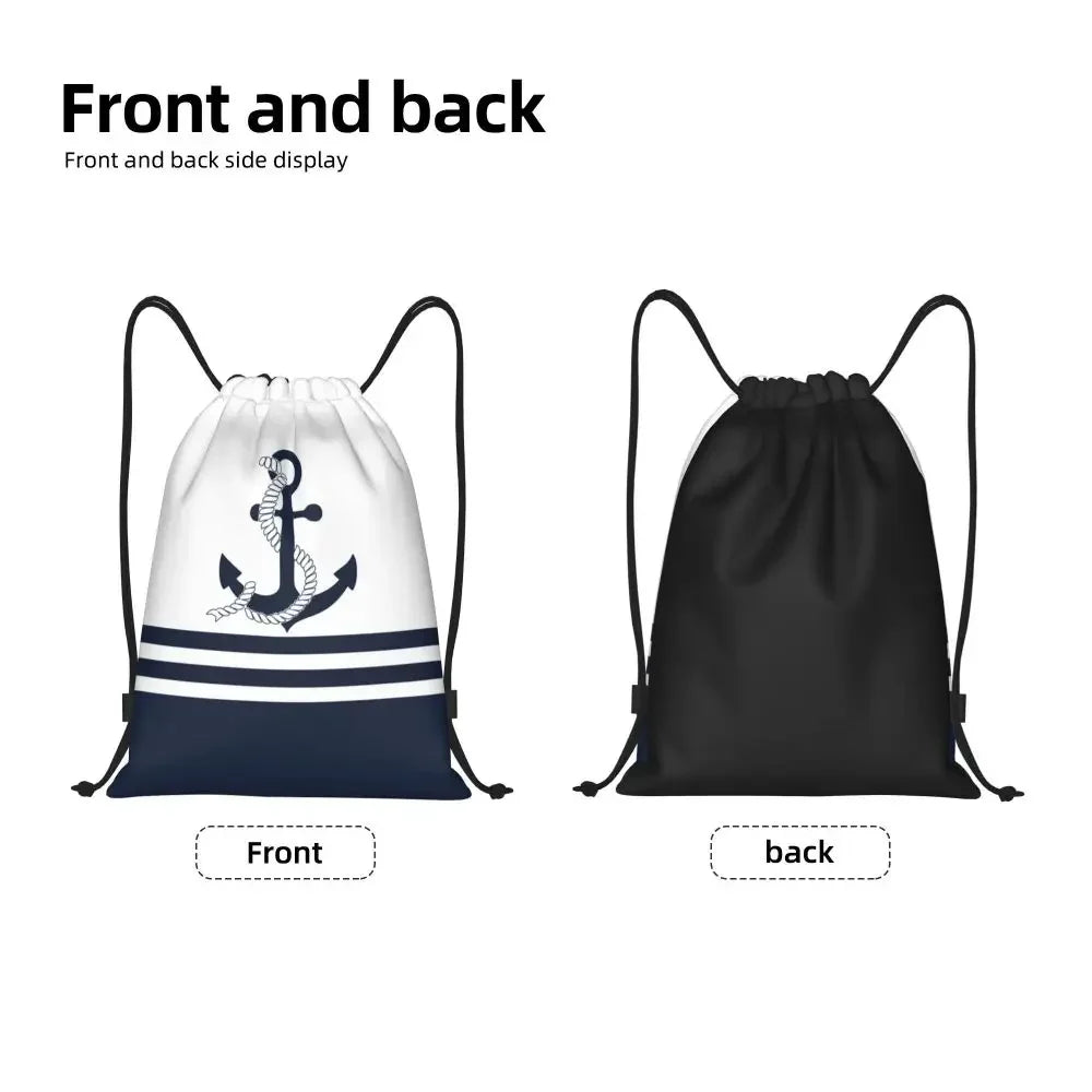 Custom Anchor And Navy Blue Stripes Drawstring Backpack Women Men Gym Sport Sackpack Portable Nautical Sailor Shopping Bag Sack