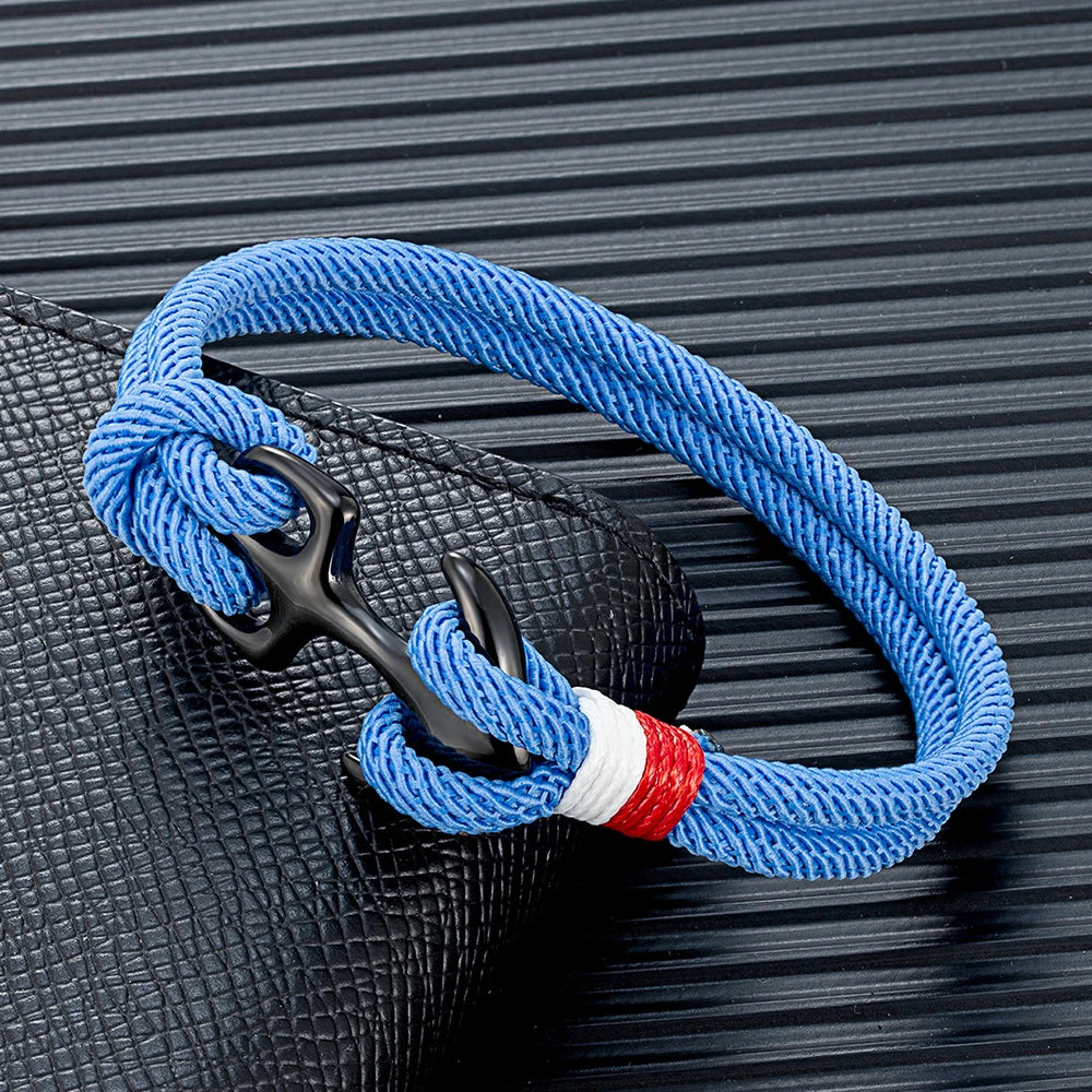 MKENDN Black Anchor Bracelets Men Women Double Strand Nautical Rope Bracelet Stainless Steel Sport Buckle Maritime Jewelry