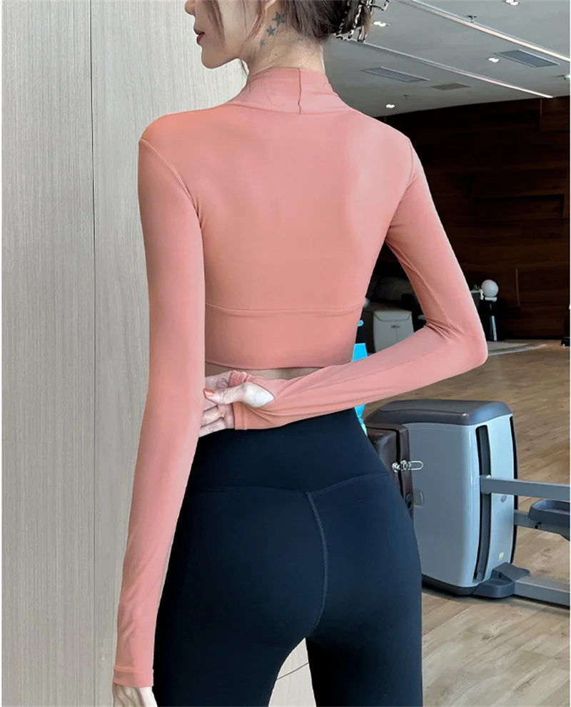 Aiithuug Padded Yoga Shirts Long Sleeve Yoga Crop Tops Low Cut Shirts Gym Shirt Workout Gym Top Insert Pads Slim Fit Sports Sexy