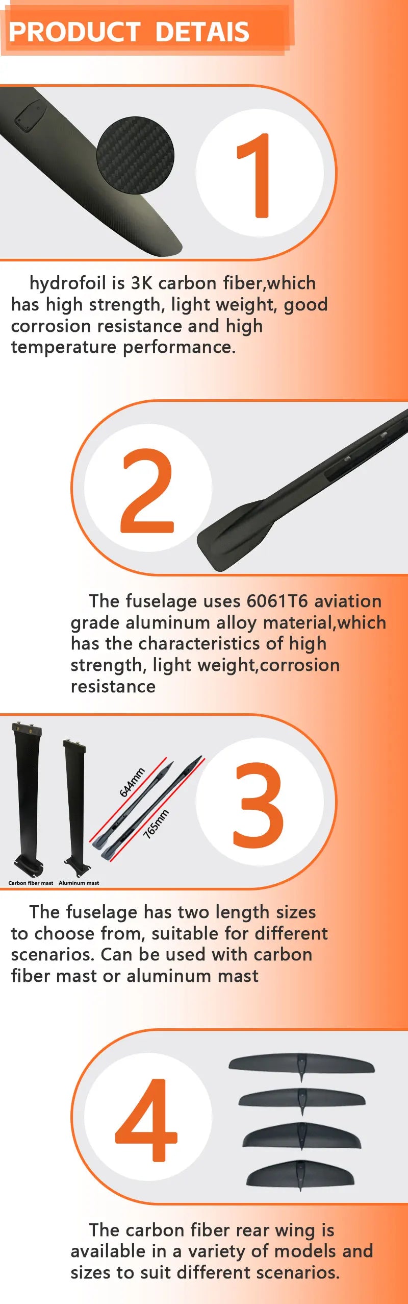 Hot selling GY-1310 2100sqcm aluminum 75cm mast 644 fuselage 400 rear wing is perfect for novice players hydrofoil surfing