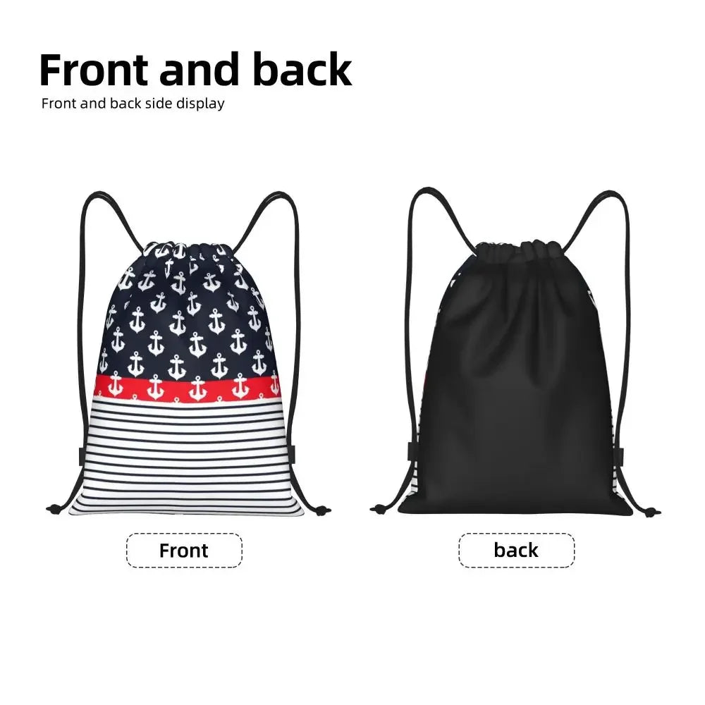 Custom Anchor And Navy Blue Stripes Drawstring Backpack Women Men Gym Sport Sackpack Portable Nautical Sailor Shopping Bag Sack