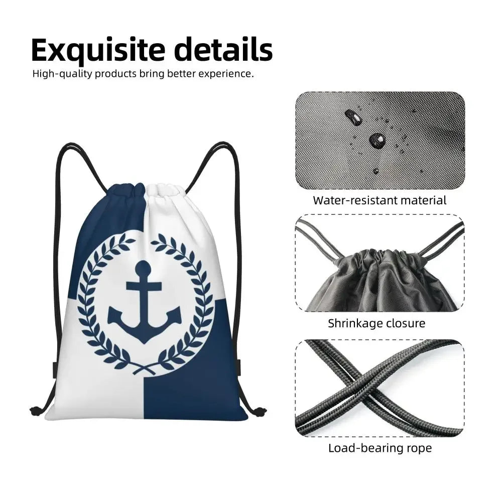 Custom Anchor And Navy Blue Stripes Drawstring Backpack Women Men Gym Sport Sackpack Portable Nautical Sailor Shopping Bag Sack