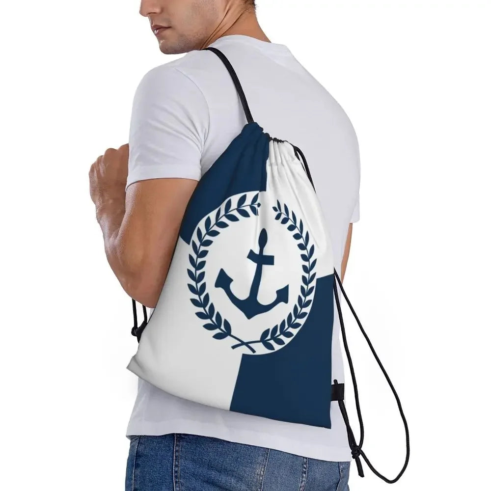Custom Anchor And Navy Blue Stripes Drawstring Backpack Women Men Gym Sport Sackpack Portable Nautical Sailor Shopping Bag Sack