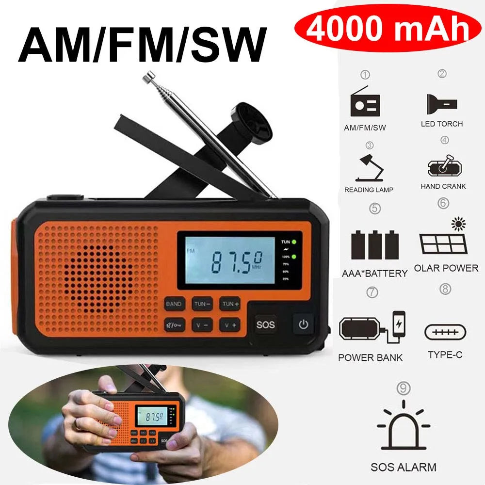 4000mAh Portable Emergency Solar Power Radio Hand Crank Charging AM/FM Weather Radio Led Reading Flashlight Bank Phone Charger