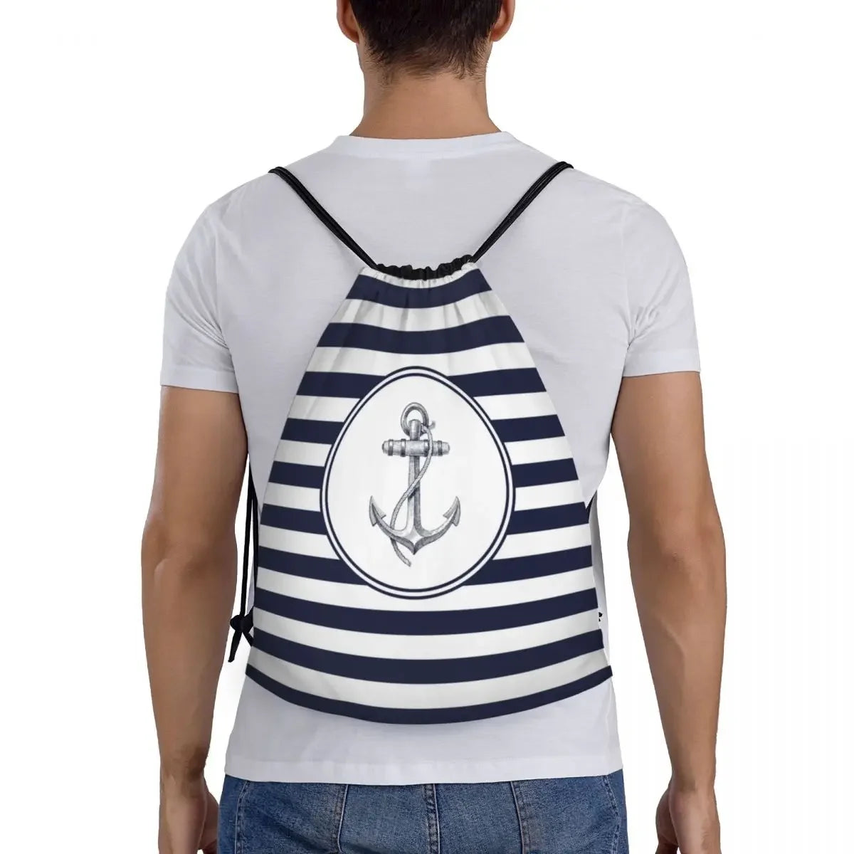 Custom Anchor And Navy Blue Stripes Drawstring Backpack Women Men Gym Sport Sackpack Portable Nautical Sailor Shopping Bag Sack