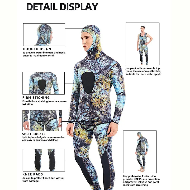 Demmet camuflagem com capuz 3mm roupa de mergulho de neoprene de duas peças para mergulho natação caça subaquática mantém quente e frio