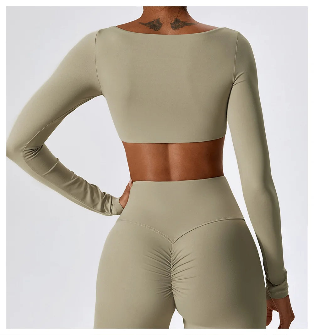 Women Workout Crop T Shirt Top Quick Dry Padded Sports Long Sleeve Gym Crop Tops Fitness Running Push Up Yoga Top