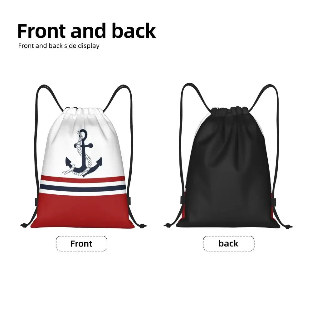 Custom Anchor And Navy Blue Stripes Drawstring Backpack Women Men Gym Sport Sackpack Portable Nautical Sailor Shopping Bag Sack