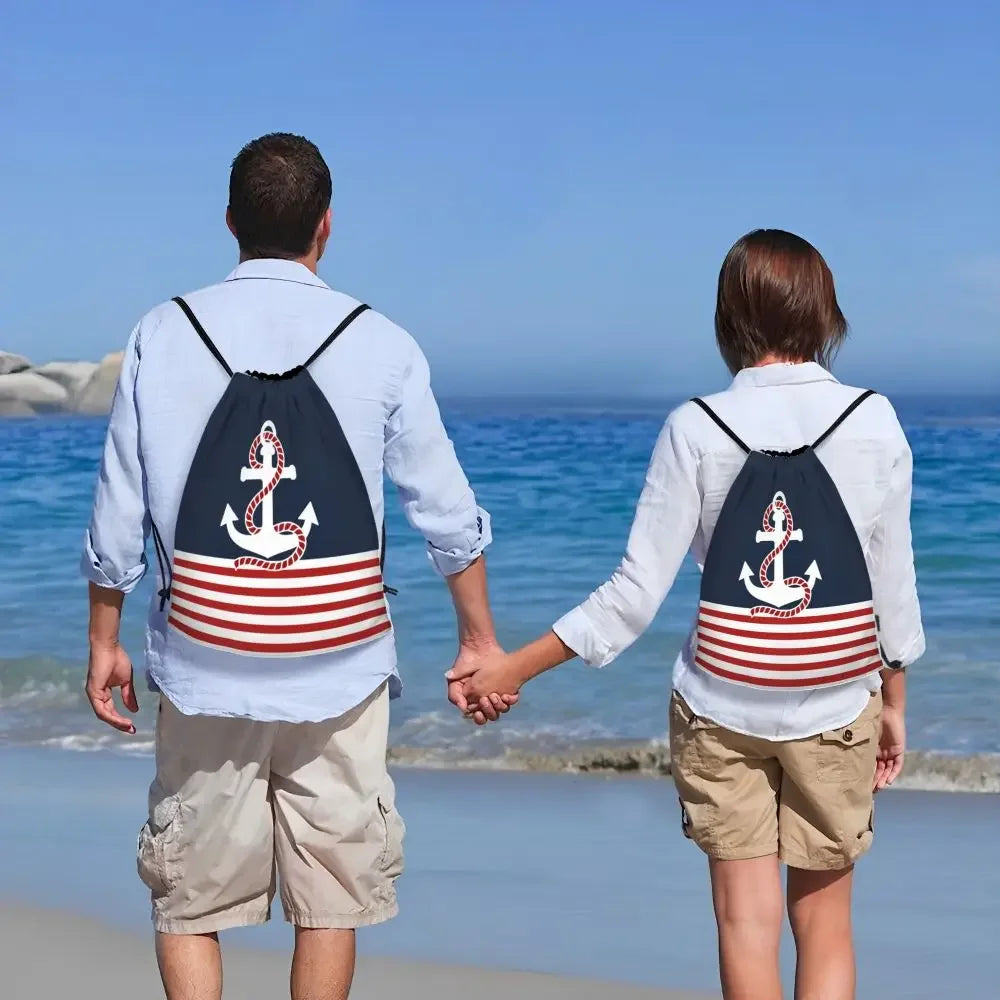 Custom Anchor And Navy Blue Stripes Drawstring Backpack Women Men Gym Sport Sackpack Portable Nautical Sailor Shopping Bag Sack
