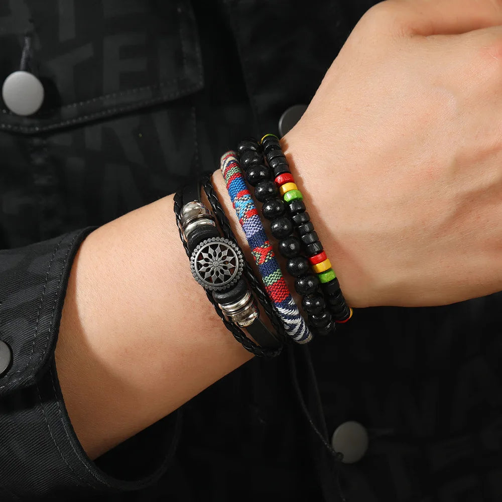 4Pcs/ Set Braided Wrap Leather Bracelet for Men Vintage Life Tree Rudder Charm Wood Bead Ethnic Tribal Wristband Rope Bracelet