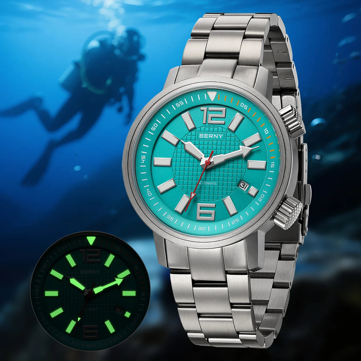 BERNY Automatic Diver Watch for Men Super Luminous Sapphire Miyota 8215 Compressor 20ATM Swimming Scuba Diving Sports Man Watch