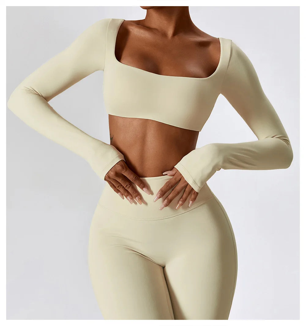 Women Workout Crop T Shirt Top Quick Dry Padded Sports Long Sleeve Gym Crop Tops Fitness Running Push Up Yoga Top