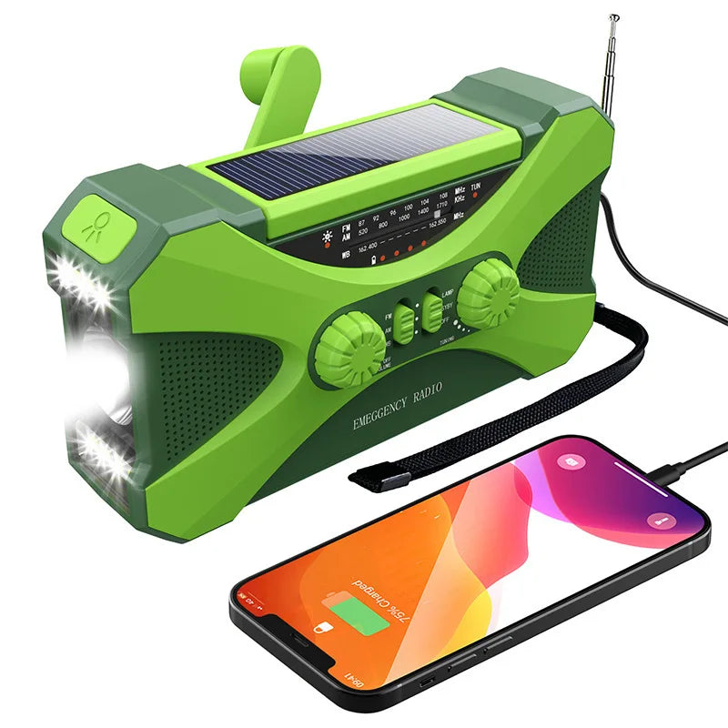 Multifunctional 10000mAh Solar Crank Radio AM/FM/NOAA Weather Alert, Dual Stereo Speakers, Phone Charger, LED Torch & SOS Alarm