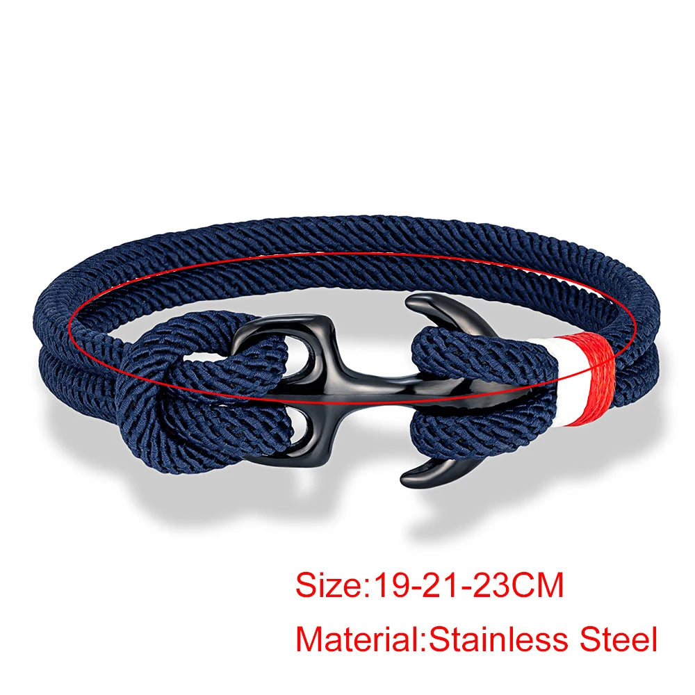 MKENDN Black Anchor Bracelets Men Women Double Strand Nautical Rope Bracelet Stainless Steel Sport Buckle Maritime Jewelry