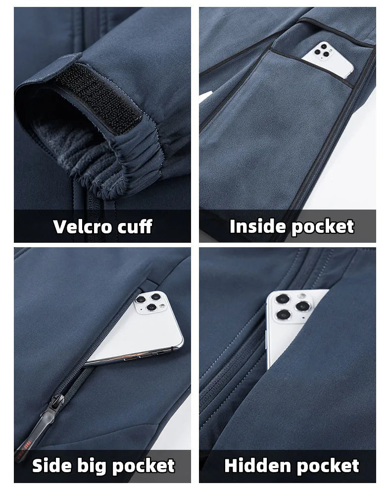 Mens Autumn Winter Tactical Soft Shell Jackets Outdoor Fleece Lined Full Zip Multi-pocket Windproof Warm Hiking Ski Safari Coats