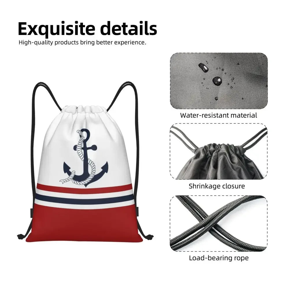 Custom Anchor And Navy Blue Stripes Drawstring Backpack Women Men Gym Sport Sackpack Portable Nautical Sailor Shopping Bag Sack