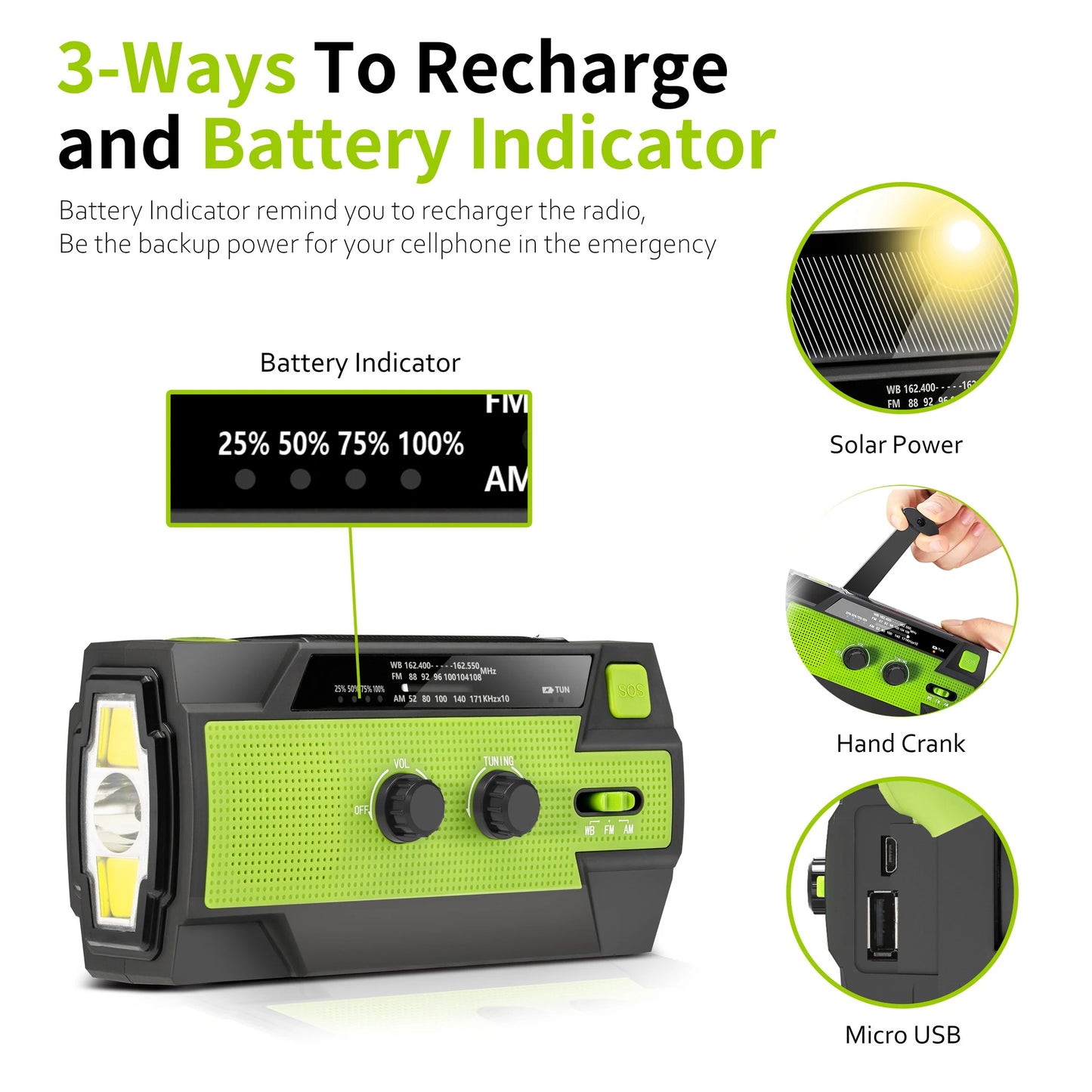Emergency NOAA Weather Radio,Portable Hand Crank Radio,Solar Powered,AM/FM,SOS Alarm,Flashlight 4000mAh Rechargeable Power Bank