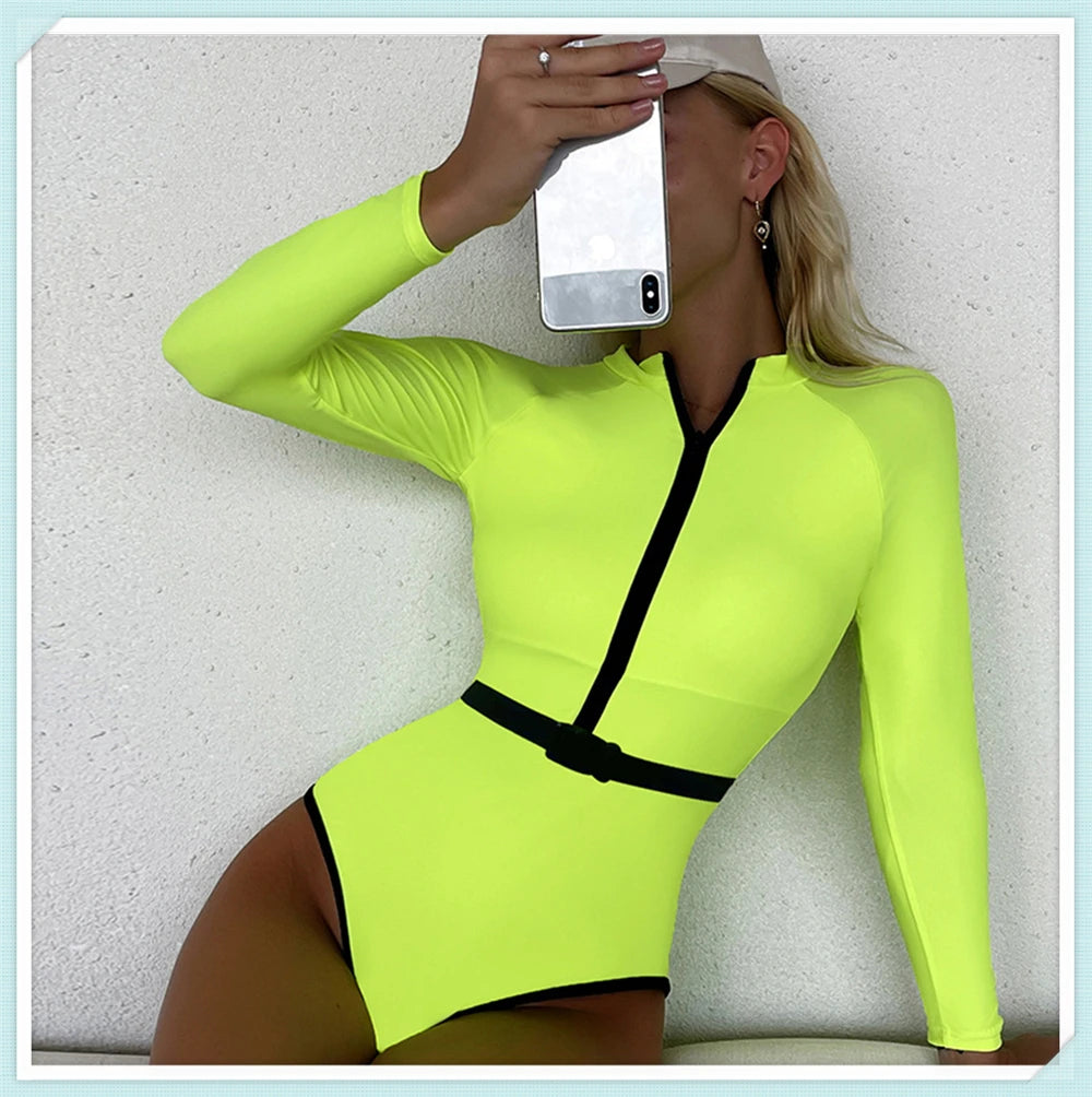 Solid Diving Clothes 2023 Women Zipper One Piece Bathers Bathing Swimming Swim Suit Female Long Sleeve Swimwear Surf Swimsuit