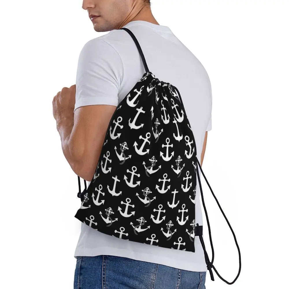 Custom Retro Vintage Nautical Anchor Drawstring Bags Men Women Foldable Gym Sports Sackpack Sailor Training Storage Backpacks