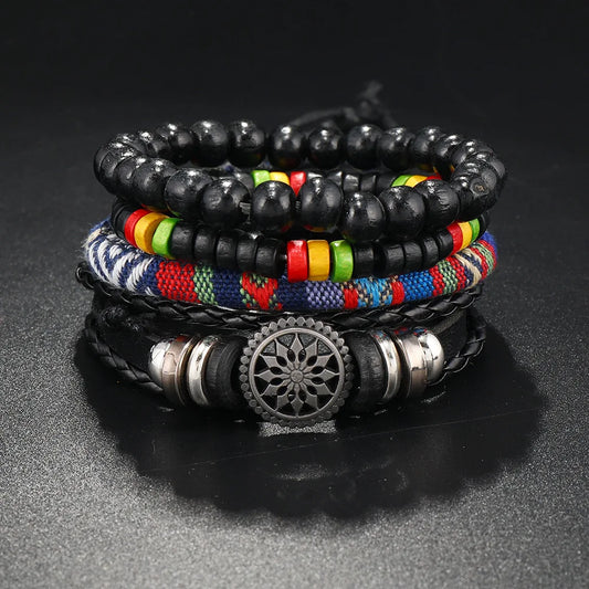 4Pcs/ Set Braided Wrap Leather Bracelet for Men Vintage Life Tree Rudder Charm Wood Bead Ethnic Tribal Wristband Rope Bracelet