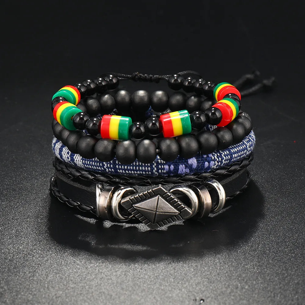 4Pcs/ Set Braided Wrap Leather Bracelet for Men Vintage Life Tree Rudder Charm Wood Bead Ethnic Tribal Wristband Rope Bracelet