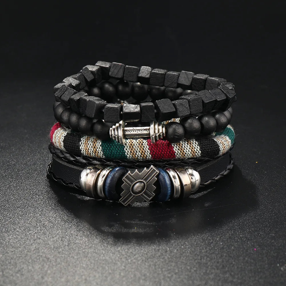 4Pcs/ Set Braided Wrap Leather Bracelet for Men Vintage Life Tree Rudder Charm Wood Bead Ethnic Tribal Wristband Rope Bracelet