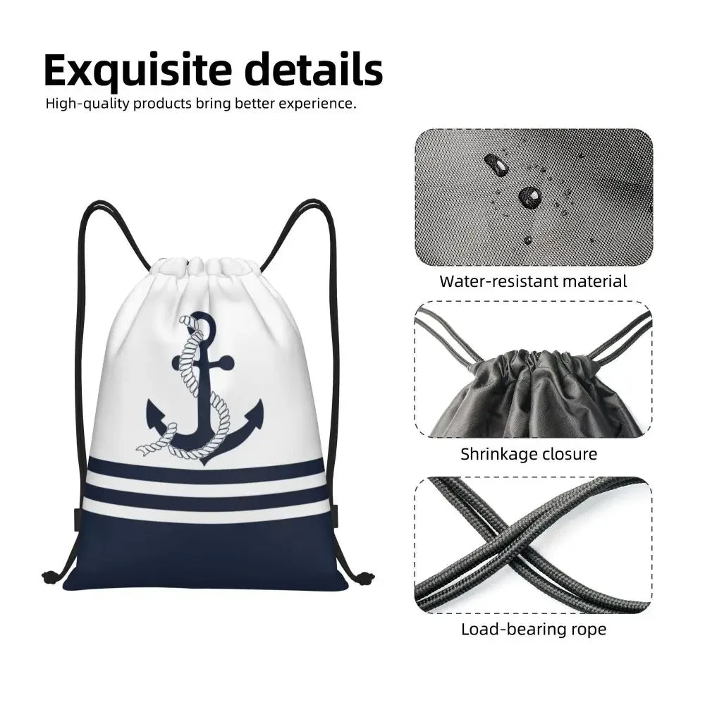 Custom Anchor And Navy Blue Stripes Drawstring Backpack Women Men Gym Sport Sackpack Portable Nautical Sailor Shopping Bag Sack