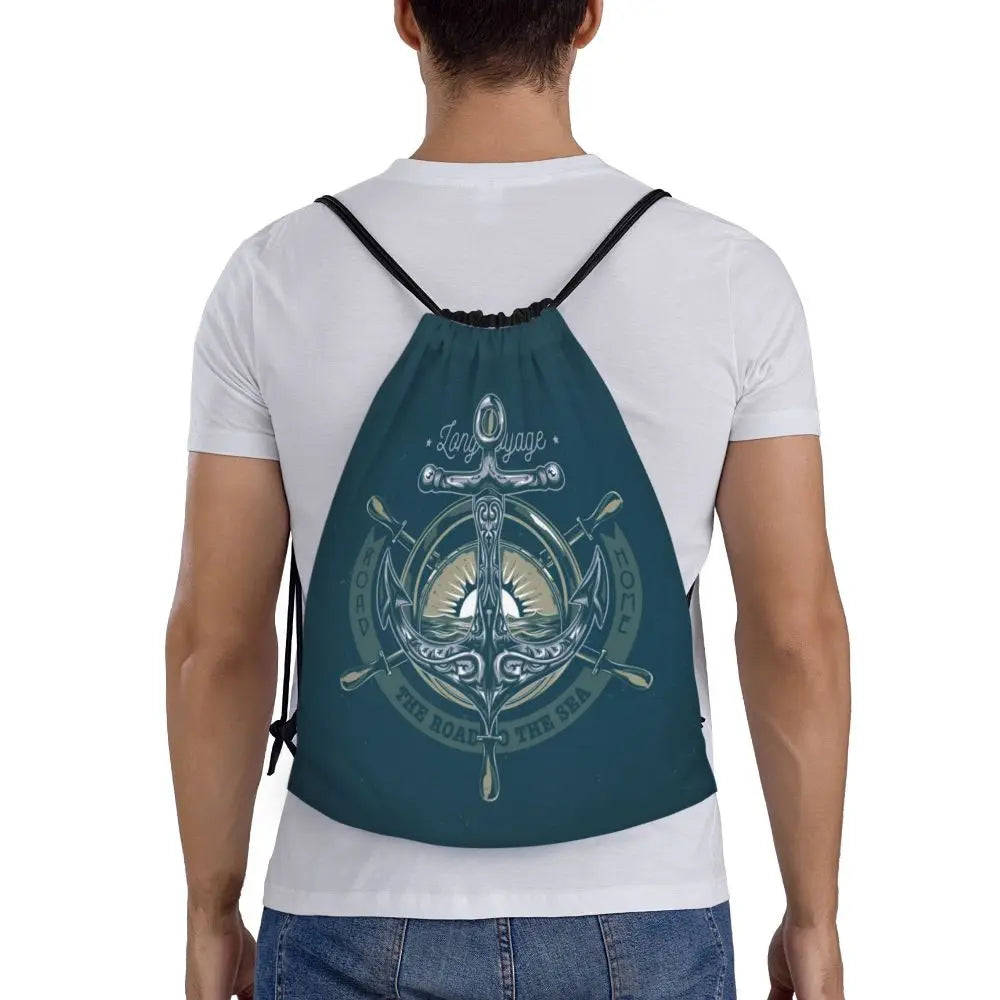 Custom Retro Vintage Nautical Anchor Drawstring Bags Men Women Foldable Gym Sports Sackpack Sailor Training Storage Backpacks