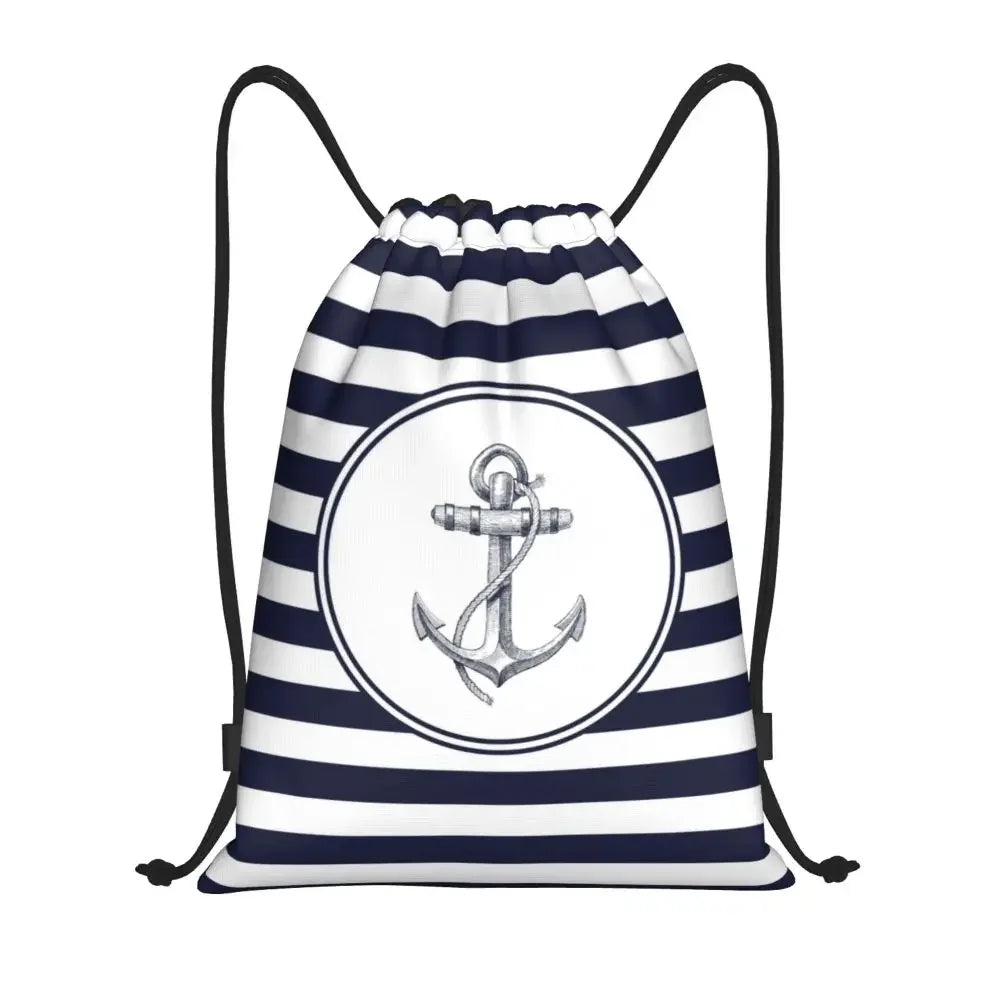 Custom Anchor And Navy Blue Stripes Drawstring Backpack Women Men Gym Sport Sackpack Portable Nautical Sailor Shopping Bag Sack