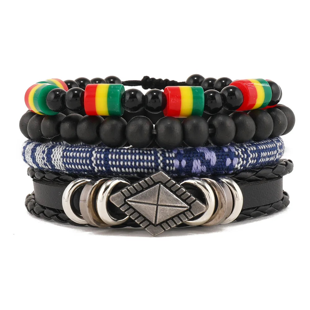 4Pcs/ Set Braided Wrap Leather Bracelet for Men Vintage Life Tree Rudder Charm Wood Bead Ethnic Tribal Wristband Rope Bracelet