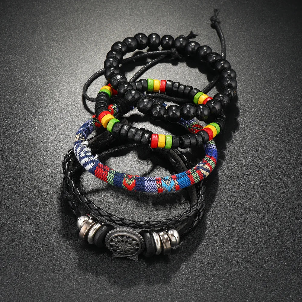 4Pcs/ Set Braided Wrap Leather Bracelet for Men Vintage Life Tree Rudder Charm Wood Bead Ethnic Tribal Wristband Rope Bracelet