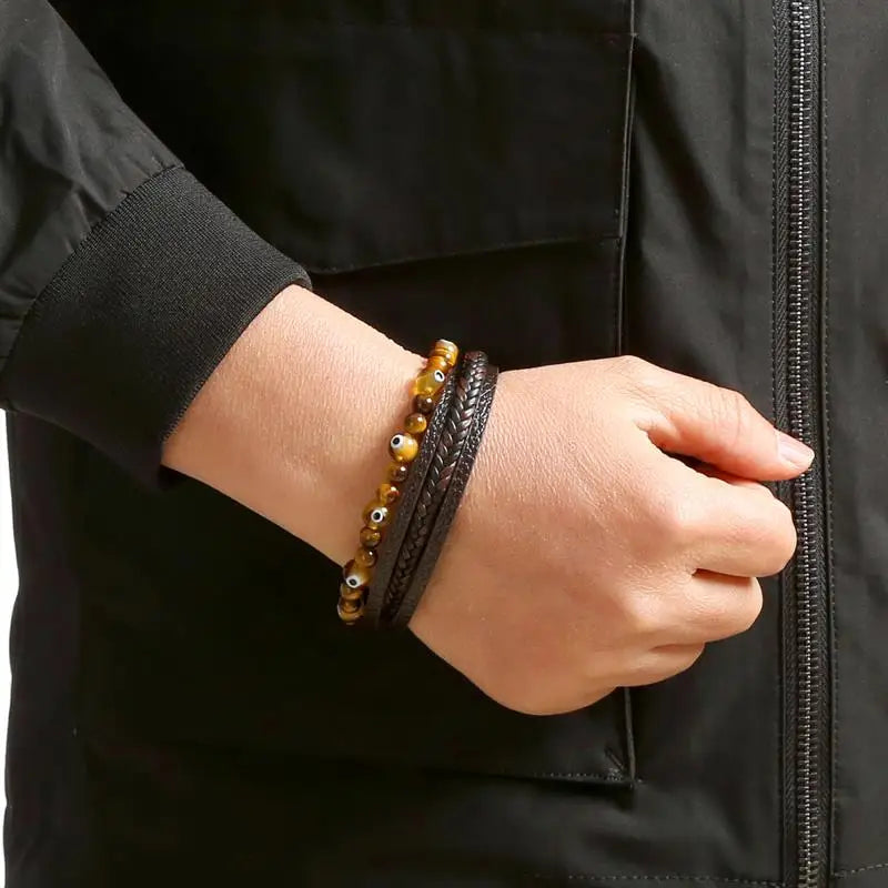 New Fashion Eyes Fatima Hand Leather Bracelets For Women Men Lucky Turkish Evil Eye Beaded Bracelet Couple Jewelry Gift